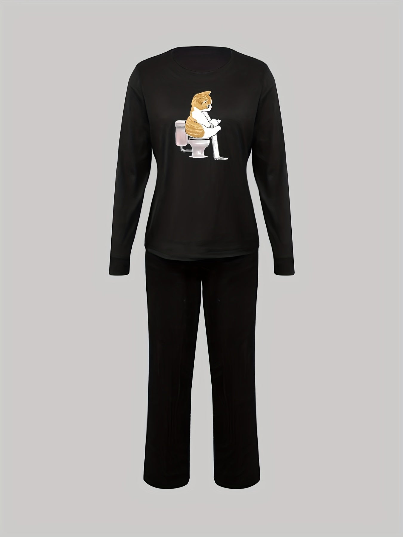 Cat Print Lounge Set Long Sleeve Top & Pants