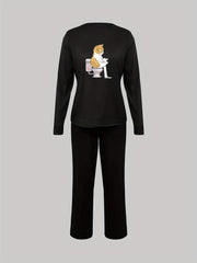 Cat Print Lounge Set Long Sleeve Top & Pants