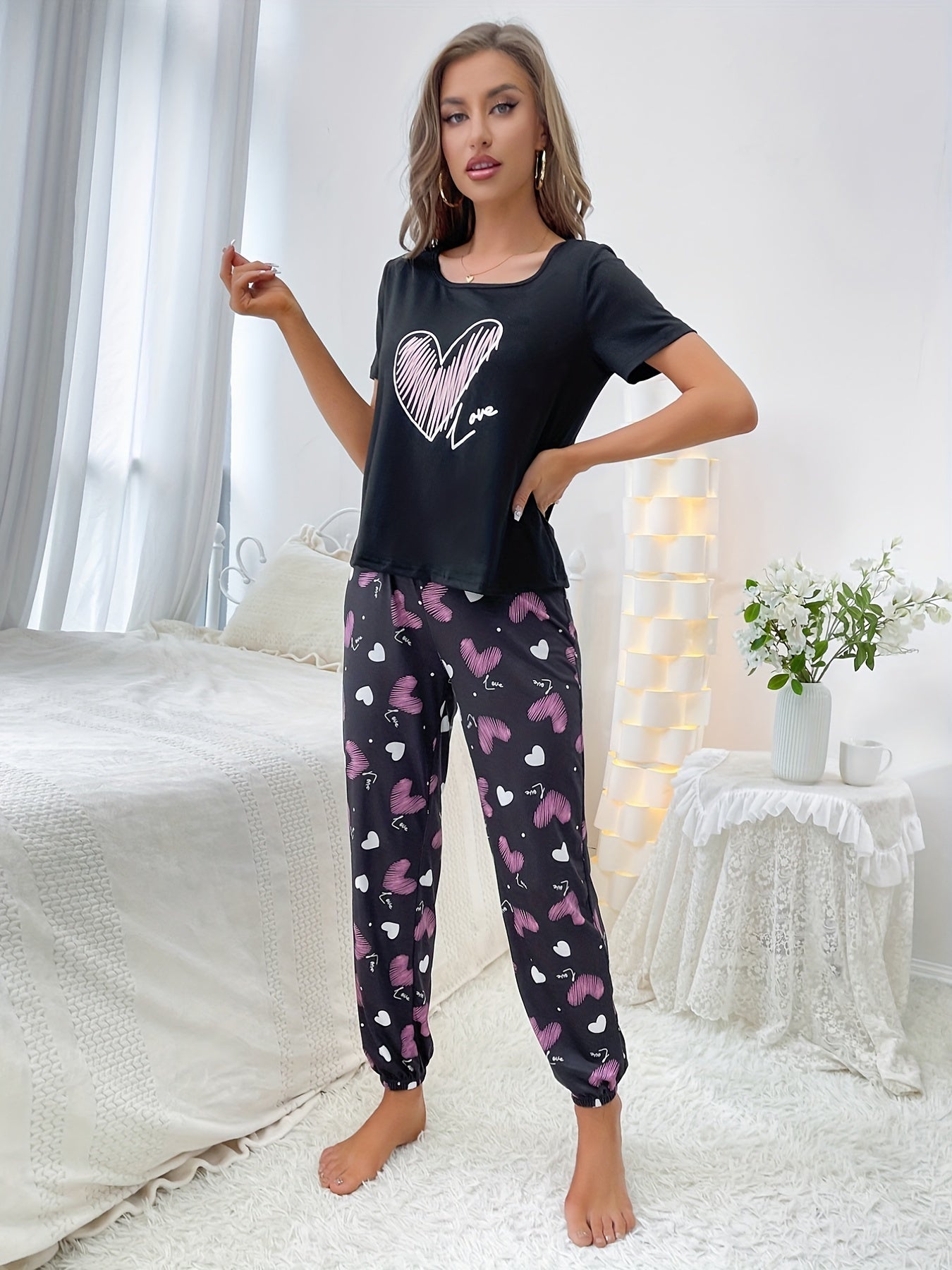Heart Print Pajama Set Short Sleeve Crew Neck Top & Elastic Waistband Pants
