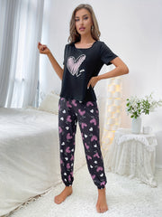 Heart Print Pajama Set Short Sleeve Crew Neck Top & Elastic Waistband Pants