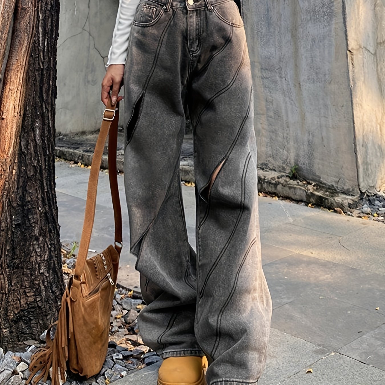 Cut Out Stitching Detail Wide Leg Jeans Dark Grey