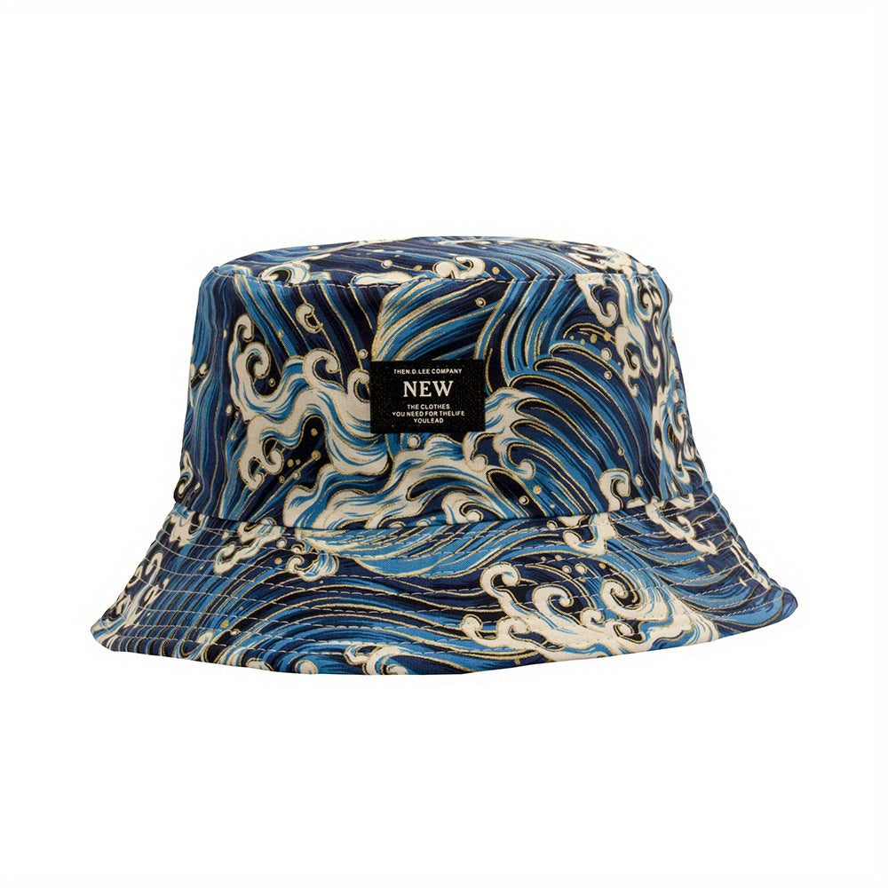 Wave Print Reversible Bucket Hat with Letter Embroidery