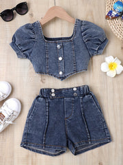 Y2K Denim Cropped Top & Shorts Set for Girls