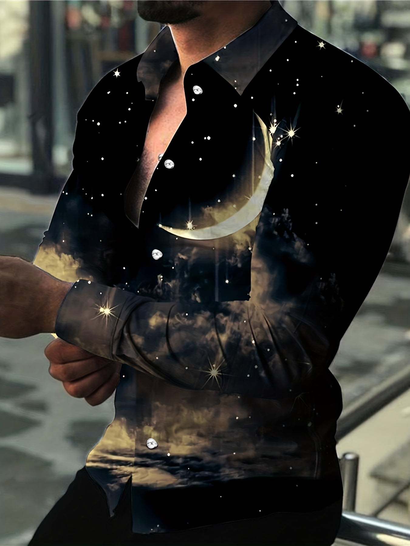 Moon & Star Pattern Men s Long Sleeve Shirt