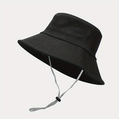 Wide Brim Strap Windproof Rope Bucket Hat Solid Outdoor Sun Protection Hat