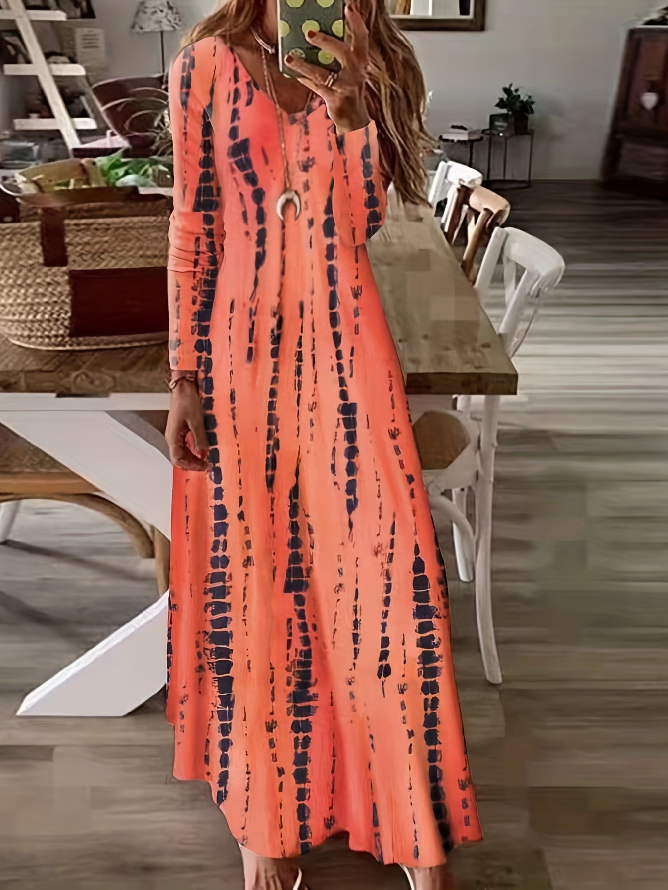 Tie Dye Long Sleeve V Neck Maxi Dress