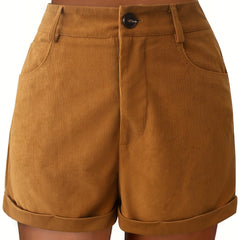 Solid Button Front Slim Shorts for Women