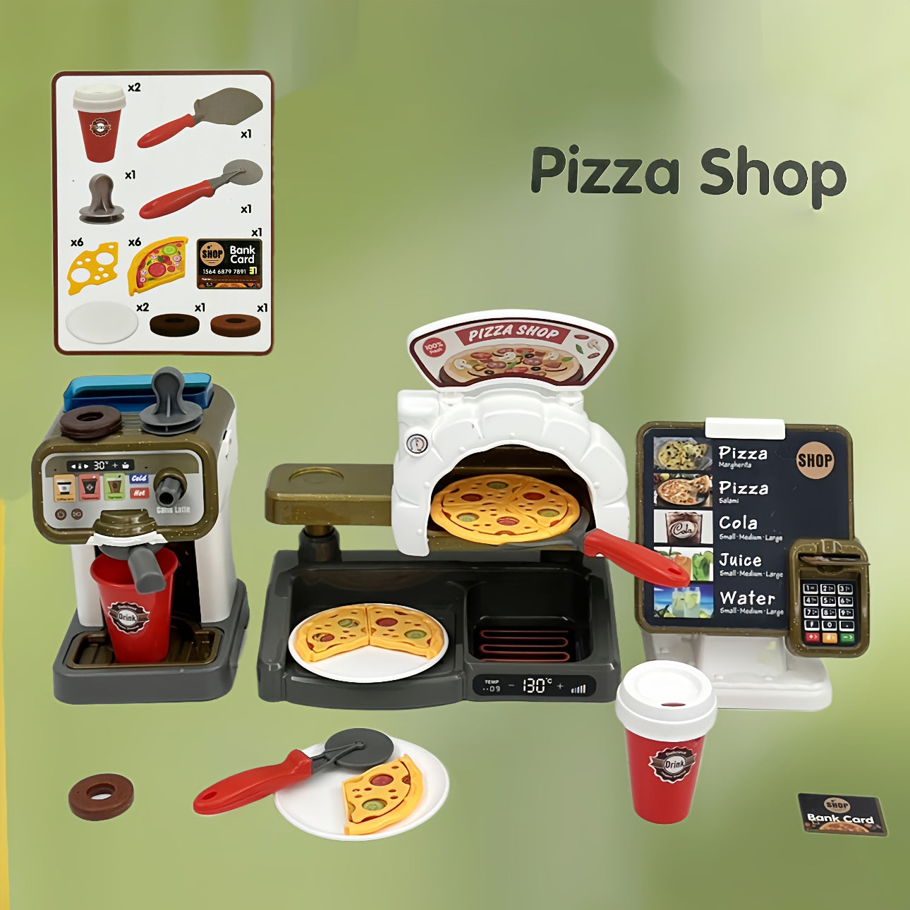 Pretend Play Coffee & Pizza Shop Set w/ Cash Register & Faux Food - Golden Brown