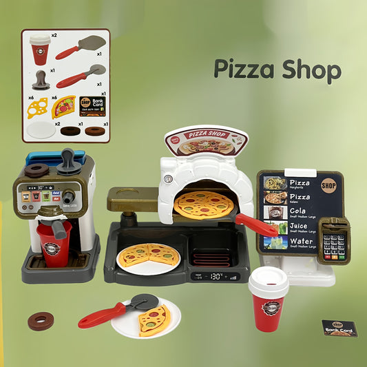 Pretend Play Coffee & Pizza Shop Set w/ Cash Register & Faux Food - Golden Brown