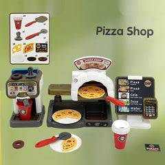Pretend Play Coffee & Pizza Shop Set w/ Cash Register & Faux Food - Golden Brown