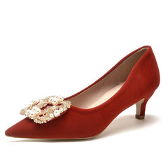 Faux Pearl & Rhinestone Kitten Heels Red Pointed Toe Slip On Wedding Shoes