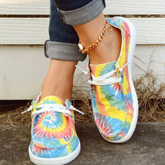 Tie Dye Flower Boat Shoes Lace Up Canvas Lightweight Breathable Walking Shoes