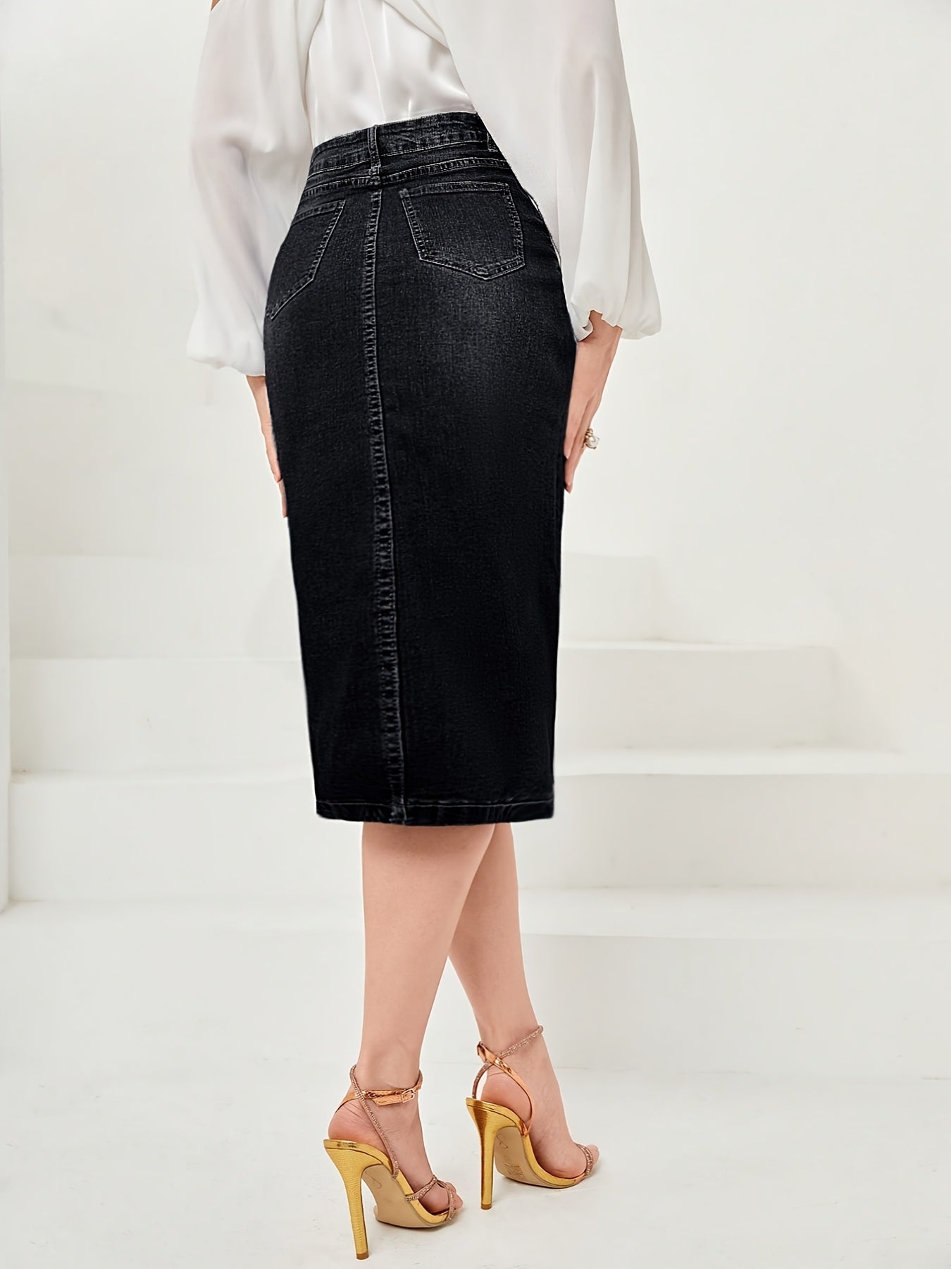 Solid High Rise Midi Denim Skirt