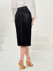 Solid High Rise Midi Denim Skirt