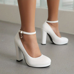 Solid Block Heel Buckle Strap Pumps