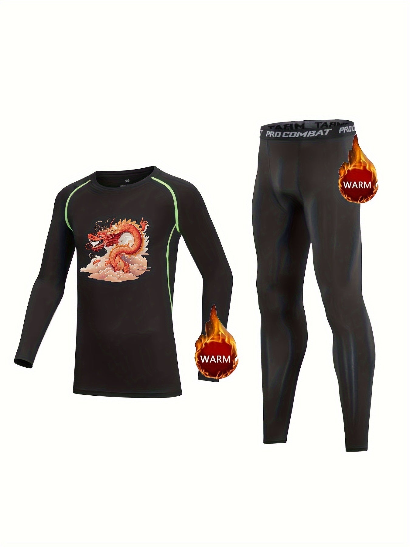 Kids Compression Fleece Sets Animal Pattern Crew Neck Shirt Elastic Waist Pants