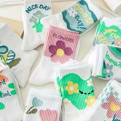 5 Pairs Floral Print Socks Breathable Mid Tube Stockings