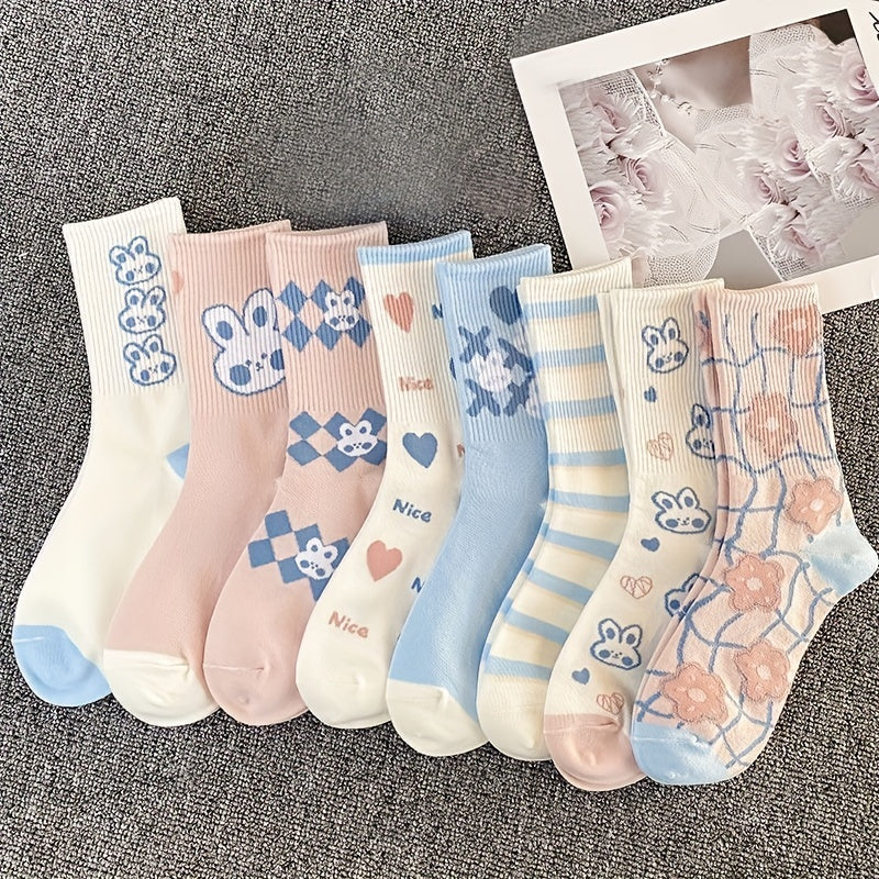 8 Pairs Cute Cartoon Bunny Crew Socks for Women
