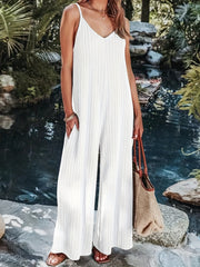 Solid V Neck Sleeveless Jumpsuit Wide Leg