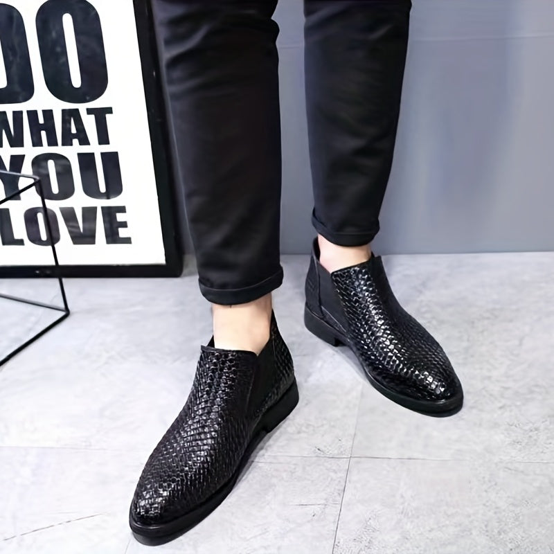 Men's Woven Effect PU Leather Chelsea Boots Slip on Shoes
