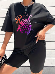 2pcs Summer Casual Sports Sets T shirts & Solid Shorts Women's Activewear