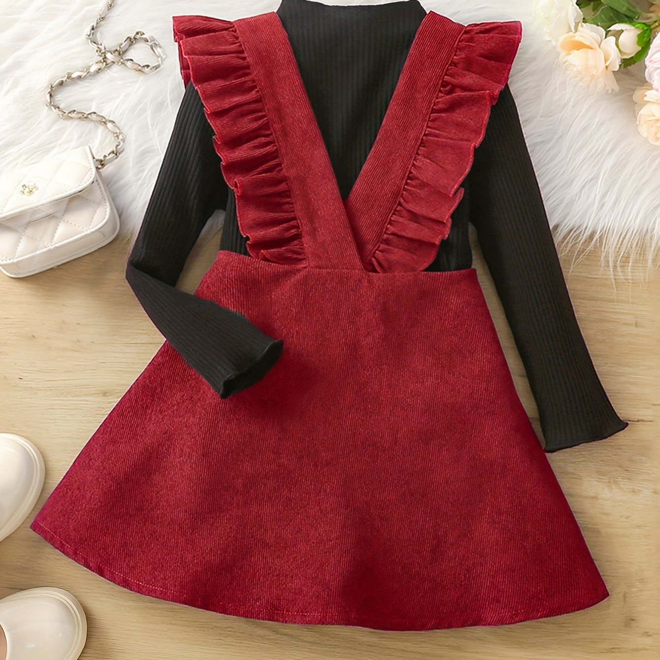 Girl's Preppy Style 2pcs Ribbed Top & Corduroy Overall Skirt Set