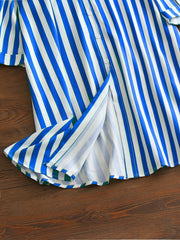 Stripe Print Button Up Roll Up Sleeve Blouse