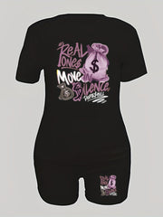 Graphic & Letter Print Two-piece Set Casual T shirt & Shorts Outfits