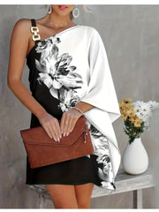 Colorblock One Shoulder Bat Sleeve Dress