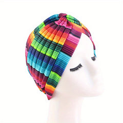 Rainbow Print Knot Turban Cap Pleated Hijab Chemo Hat Elastic Beanie Bonnet