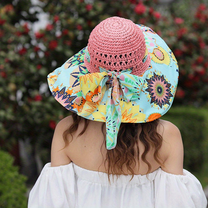 Hollow Crochet Boho Sun Hat Wide Brim Bowknot Beach Hat