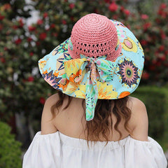 Hollow Crochet Boho Sun Hat Wide Brim Bowknot Beach Hat