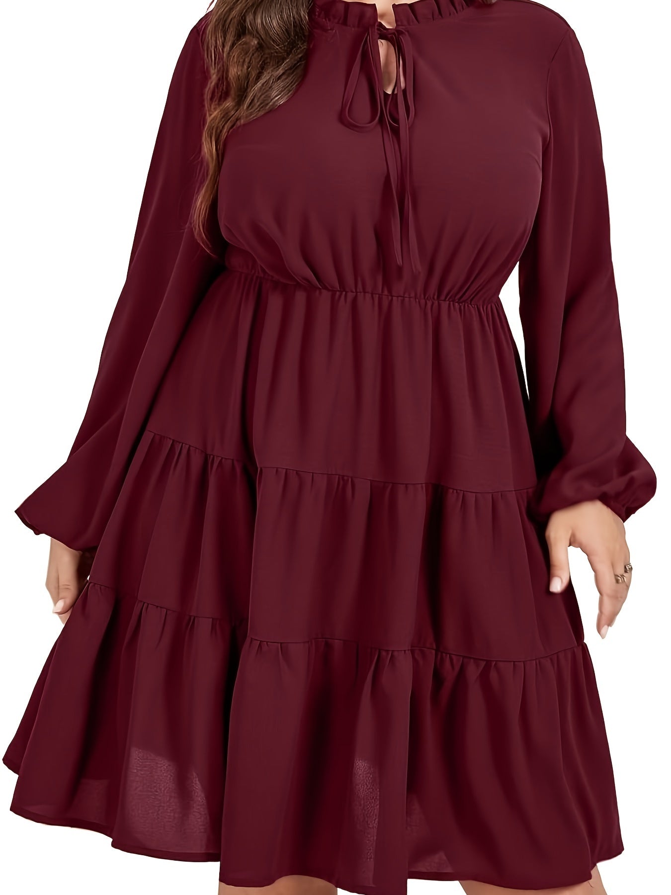 Casual Dress Women's Solid Long Sleeve Round Neck Smock Tie Dress