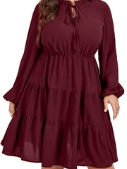 Casual Dress Women's Solid Long Sleeve Round Neck Smock Tie Dress