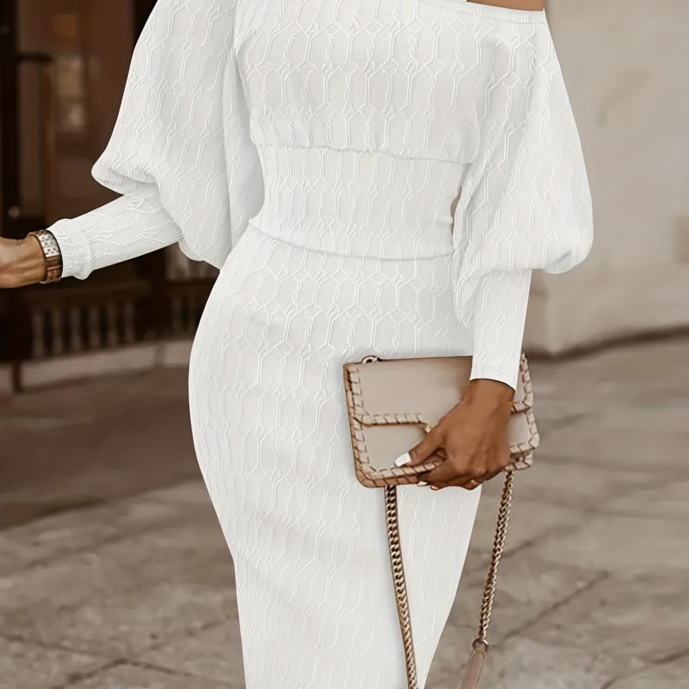 One Shoulder Jacquard Sleeve Dress