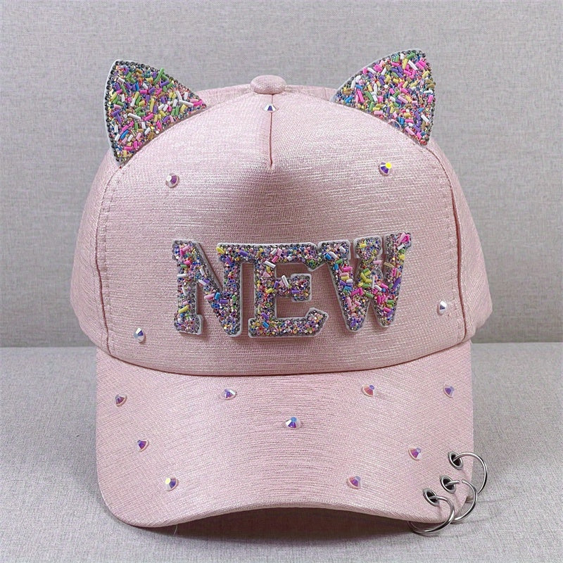 Y2K Baseball Cap Rhinestone Glitter Cat Ears Patch Dad Hats Kpop Sun Hat