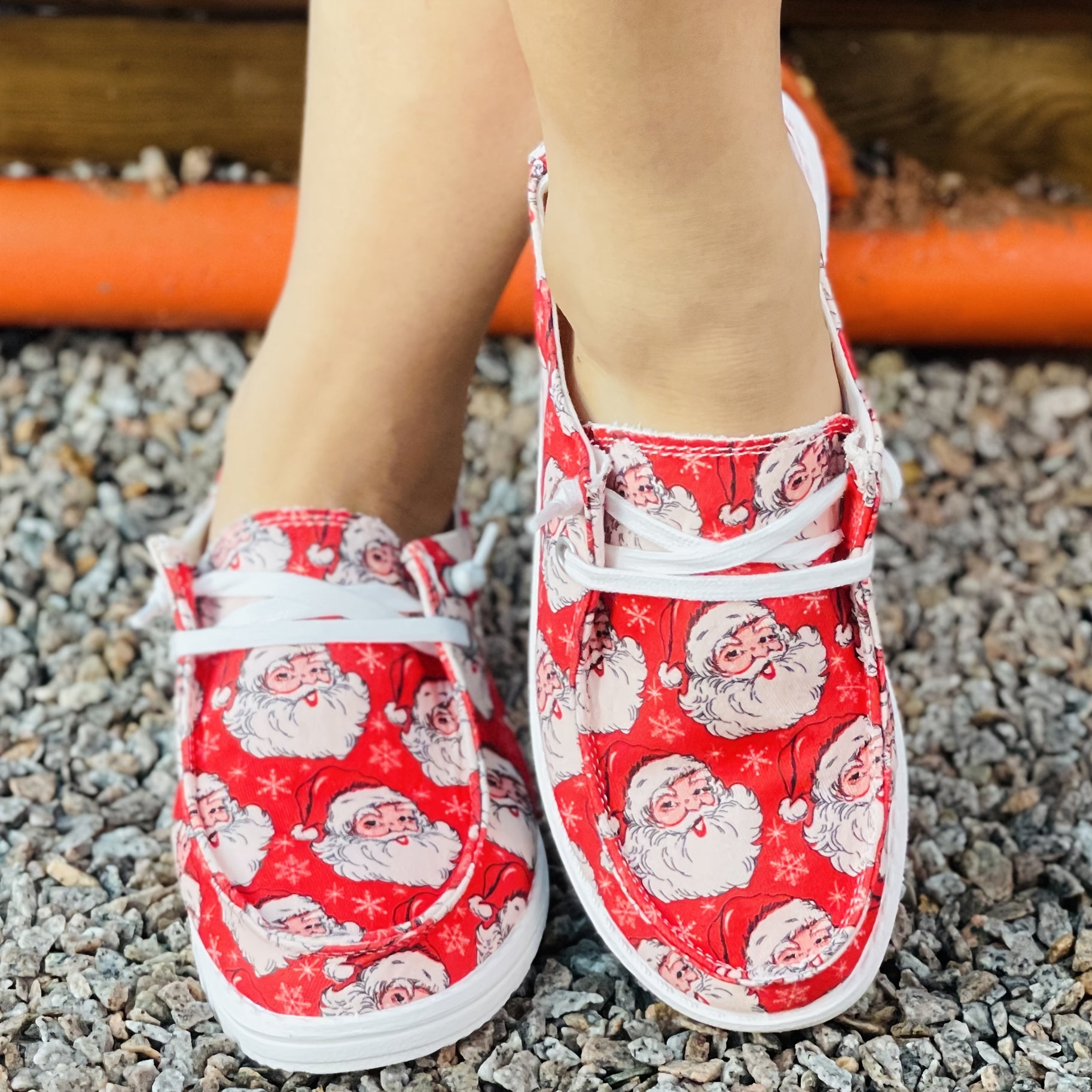 Women's Santa Claus Print Canvas Shoes Christmas Lace Up Outdoor