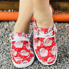Women's Santa Claus Print Canvas Shoes Christmas Lace Up Outdoor