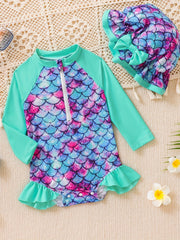 Girls Strawberry Print Swimsuit & Hat 2pcs Set