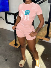 Flag Print Short Sleeve T shirt & Biker Shorts Set