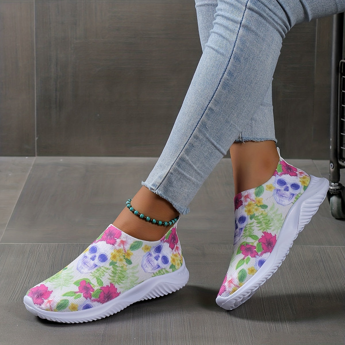 Women's Calavera Pattern Slip-On Low Round Toe Halloween Sneakers