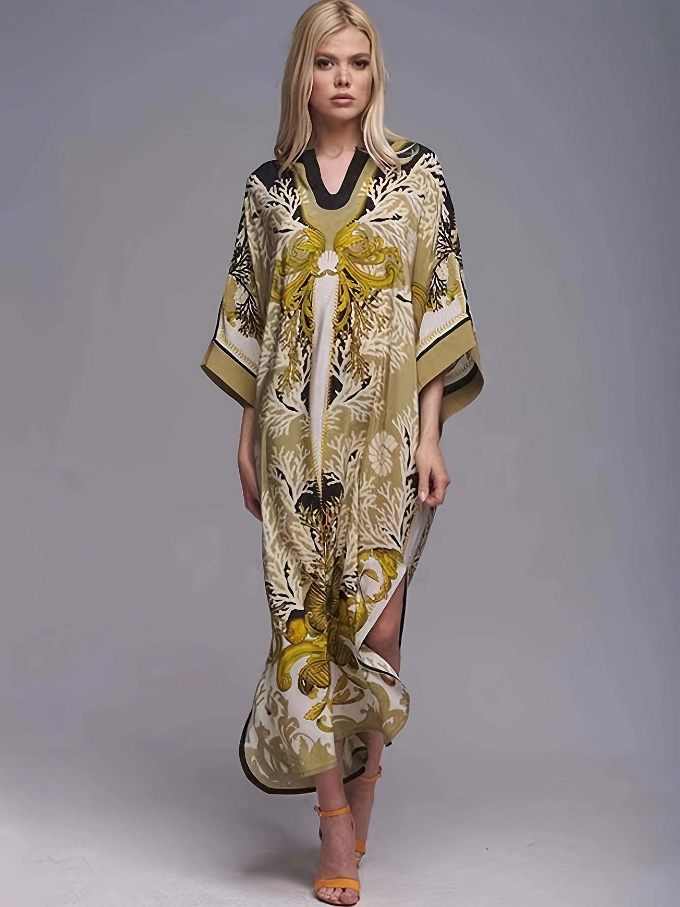 Retro Abaya Dress Women's Plus Tribal Print Long Sleeve