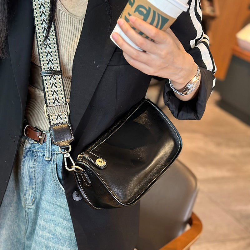 Soft Cowhide Small Square Bag with Wide Shoulder Strap