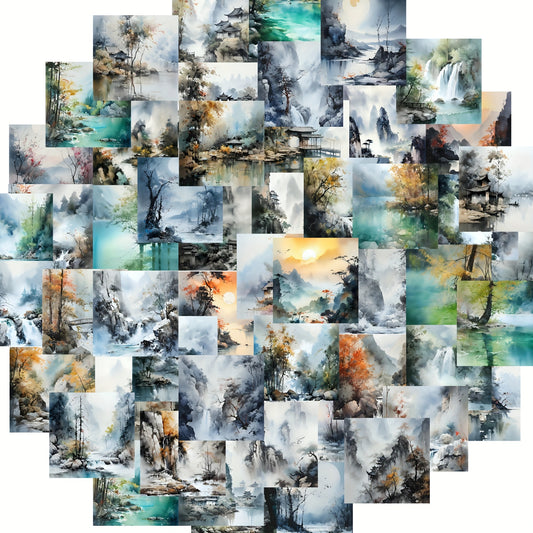 54pcs Watercolor Landscape Cartoon Stickers, Decorative Waterproof Game Stickers
