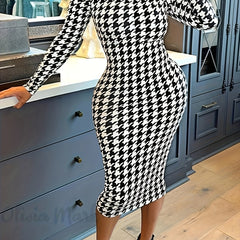 Houndstooth Print Bodycon Midi Dress