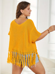 Vacay Sweater Women's Plus Solid Waffle Crochet Tassel Trim Crop Top