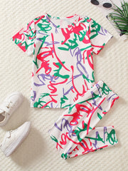 Girls Sports Suit Random Print Round Neck Short Sleeve Top And Pants Set