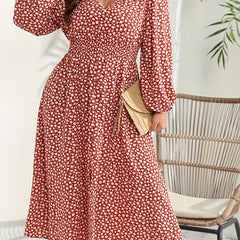 Ditsy Floral Print Long Sleeve V Neck Dress