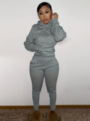 Women's Solid Hooded Sports Set Long Sleeved Tops and Pants