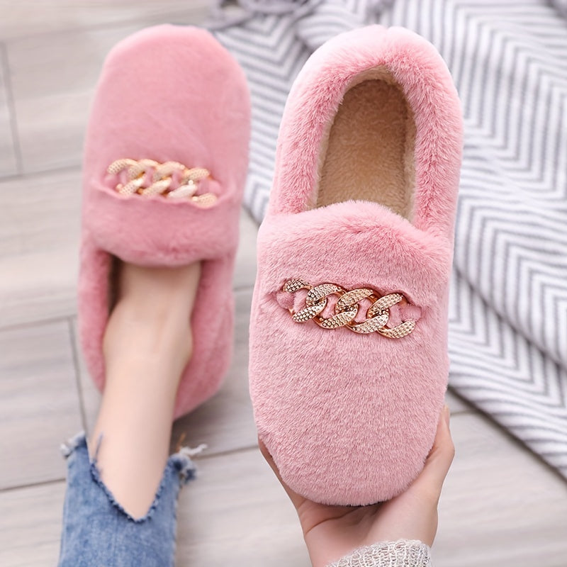 Women's Plush Chain Decor Slip On Slippers